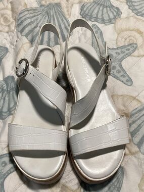 Marc Fisher White Croc-Embossed Slingback Sandals with Buckle